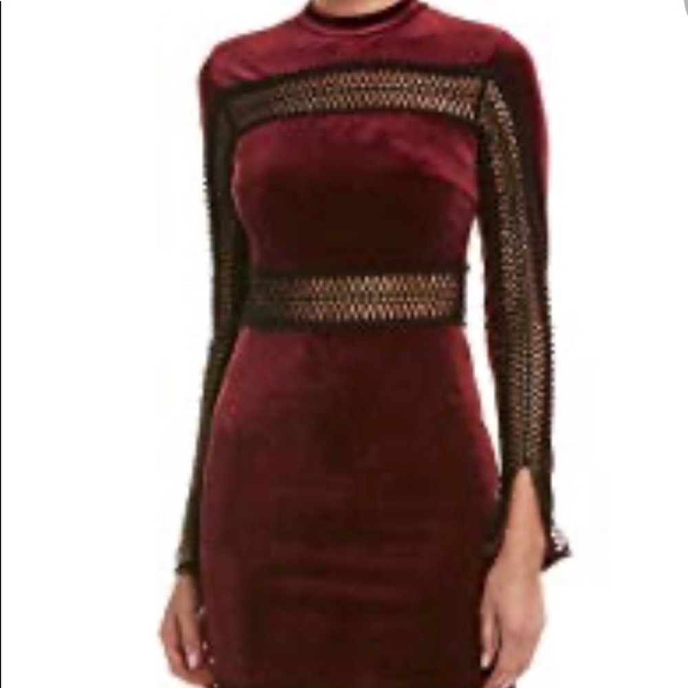 Romeo & Juliet Couture Burgundy Velvet Dress with Black Crochet Paneling